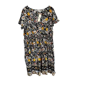 Agnes Orinda Womens 1X Floral Smocked Waist Midi Dress Black Daisy Boho 6351 thumbnail 7