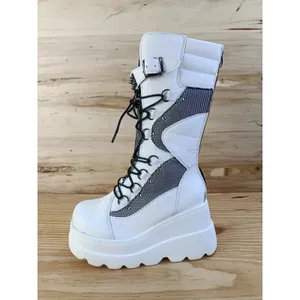 White Platform Knee High Gothic Boots Mesh Straps Studs Lace Up Zip Size 7 US thumbnail 3