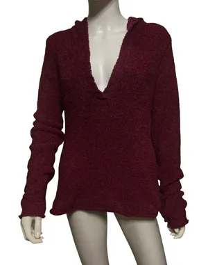 Maurices Womens XL Burgundy Boucle Hooded Sweater Cozy V-Neck Pullover Vintage thumbnail 1