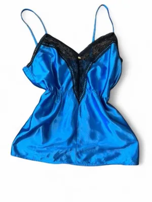 Vintage Sapphire Blue Satin Lace Cami Top Made USA Union Tag Size M thumbnail 2