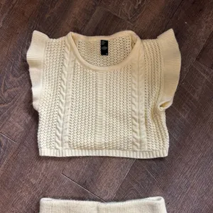 Cider Yellow Cable Knit Two‎ Piece Set Ruffle Crop Top and Mini Skirt Medium thumbnail 3
