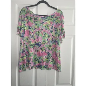 Casey Key Tropical‎ Palm Tree Top Womens 1X Pink Green Rayon Tie Sleeve Resort L thumbnail 6