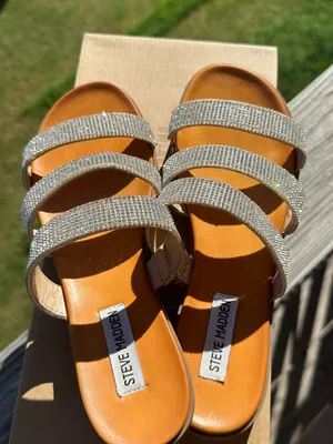 Steve Madden Crystal Triple-Strap Slide Sandal in Tan and Silver thumbnail 2