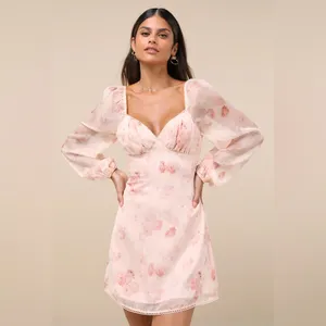 Lulu's Lovely Poise Light Pink Floral Tie Back Long Sleeve Mini Dress,Size XL thumbnail 5