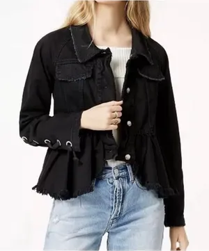 Free People Willow Black Denim Jacket Peplum Raw Hem Lace Up Cuff Military Medium thumbnail 1