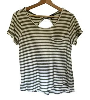 Democracy‎ green white knit striped short sleeved shirt women's size XS cotton thumbnail 1