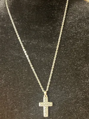 Silver Tone Box Chain Necklace Pavé CZ Cross Pendant Adjustable 17.72" thumbnail 7