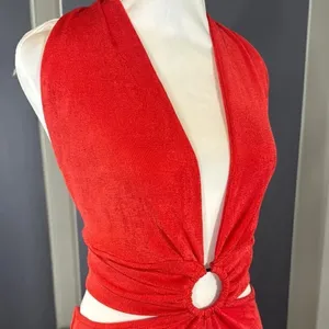 Women’s Red Deep V-Neck Halter Jumpsuit Ring Accent Wide Leg BodyCon Size L NEW thumbnail 3