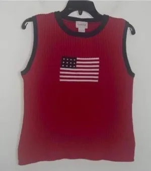 💕Vintage Crystal-Kobe Red Ribbed Knit American Flag Tank Top Shirt thumbnail 1