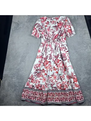 Floral V-Neck Midi Dress With Puff Sleeves & Ruffled Hem Red & White thumbnail 8
