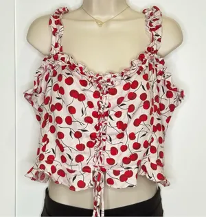 Reformation Bayley Cherry Linen Tank Top Lace Up Corset Ruffle Size 12 Coquette thumbnail 4