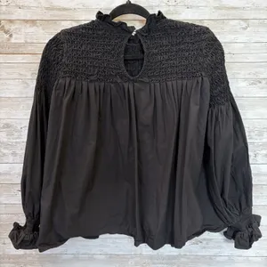 Anthropologie Maeve Womens 0 Top Smocked Peasant Blouse Black Puff Sleeve Cotton thumbnail 7