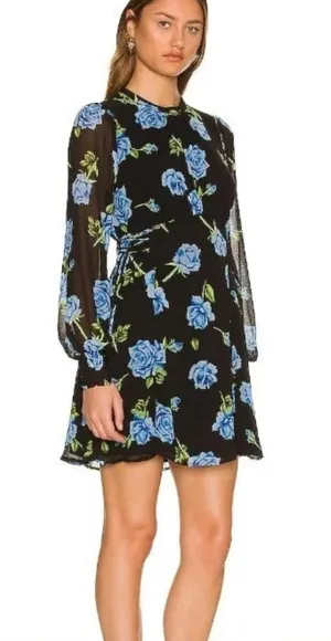 Free People Samantha Lace Up Mini Dress Black Floral Blue Combo Womens Large thumbnail 1