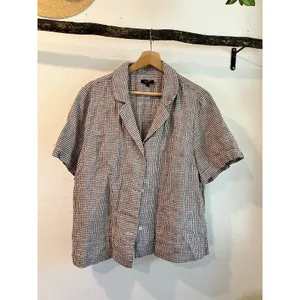 Quince 100% European Linen Gingham Brown Short Sleeve Blouse Top Size XL thumbnail 11