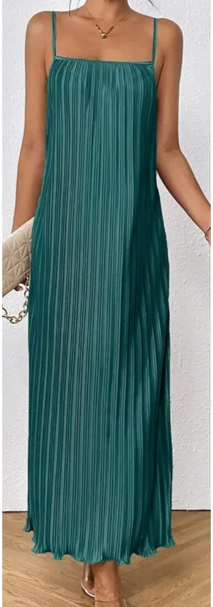 Amazon Women's Sleeveless Spaghetti Strap Pleated Straight Flowy Long Maxi Cami Dress thumbnail 1