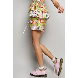 POL Drawstring Floral Shorts with Contrast Striped Trim - Lime Multi - Large thumbnail 2