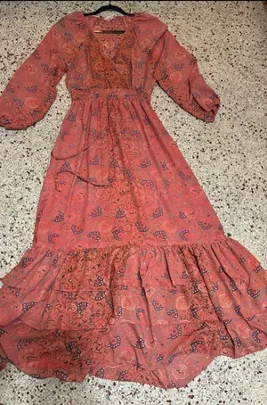 Boemo Anthropologie Revolve Maxi Dress Coral Pink Sz M Ruffle Tiered Long Sleeve thumbnail 1