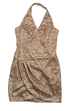 Kameez Womens Mini Halter Dress Gold Glitter Lace Faux Wrap Skirt Lined Zip Back thumbnail 1