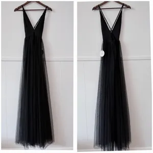 Black Tulle Maxi Dress Plunge Halter Open Back Slit Prom Evening Luxxel S NWT thumbnail 7