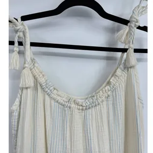 Time and Tru Womens Ivory Stripes Tiered Midi Dress Tie Tassel Strap NEW Large thumbnail 5