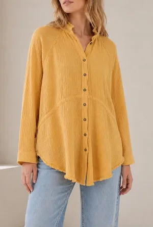 Free People We The Free Oversized Gauze Button Down Top Yellow Boho Shirt thumbnail 1