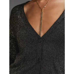 Velvet by Graham & Spencer Lurex Cotton Cashmere Blend Cardigan Black Metallic M thumbnail 5