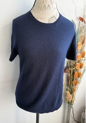 Bloomingdale's Women‎ Navy Blue 100% Cashmere Short Sleeve Crewneck Sweater XL thumbnail 1