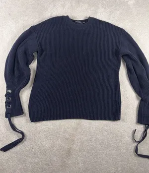womens polo ralph lauren sweater tie sleeves navy chucky‎ knit pima cotton thumbnail 1