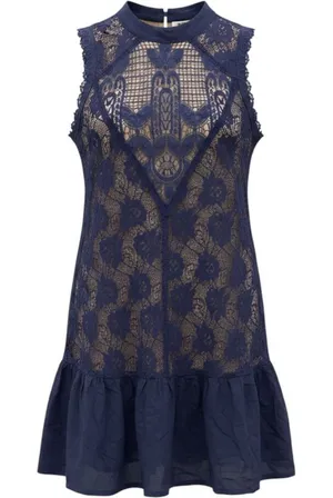 Skies Are Blue Lace Mini Dress Womens XS Navy Blue Ruffle Mock Neck Open Back thumbnail 1