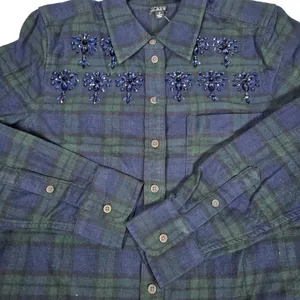 J Crew‎ Womens Plaid Flannel Shirt Blue Green Beaded Embellished Button Down 10 thumbnail 7