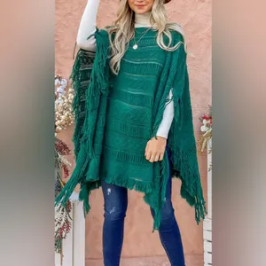 Boutique PULLOVER FRINGE PONCHO KNIT WOMEN'S HUNTERGREEN thumbnail 3