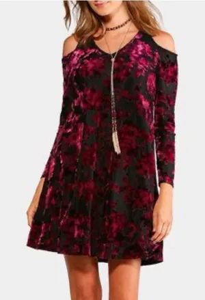 Cato Velvet Burnout Floral Cold Shoulder‎ Long Sleeve Dress Medium Purple Whimsigoth thumbnail 1