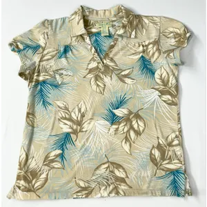 Caribbean Joe Petite Medium Tropical Palm Print Blouse V-Neck Cap Sleeve Tan thumbnail 1