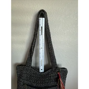 The Sak Lanie Market Tote Purse Crocheted Shoulder Bag Black Brown 14"x12" thumbnail 8