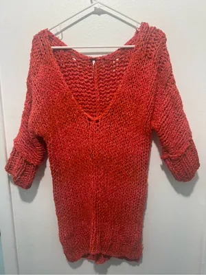 Free People Cozy Open-Stitch V-Neck Sweater in Orange thumbnail 3
