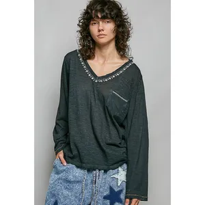 POL Contrast Stitch V-Neck Lightweight Knit Long Sleeve Top - Black - Large thumbnail 4