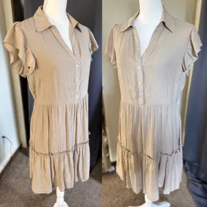Emma &‎ Michele Shirt Dress Womens Medium Tan Flutter Sleeve Tiered Boho thumbnail 4