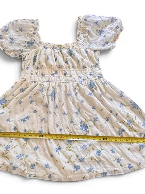 Cream Floral Puff-Sleeve BoHo flowery cottage core Dress with Blue Flowers thumbnail 7