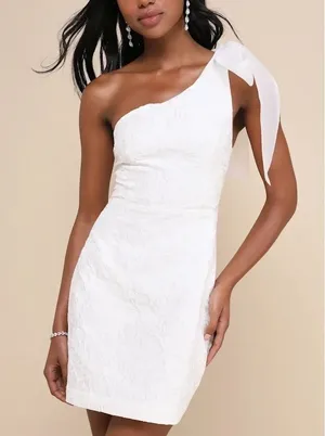 Lulus Unique Perfection Mini Dress Womens M White Floral Jacquard One-Shoulder thumbnail 1