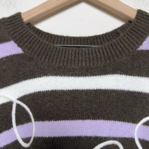 Parker Women Sweater Large Brown Striped Flora Embroidered Cozy Oversize thumbnail 3