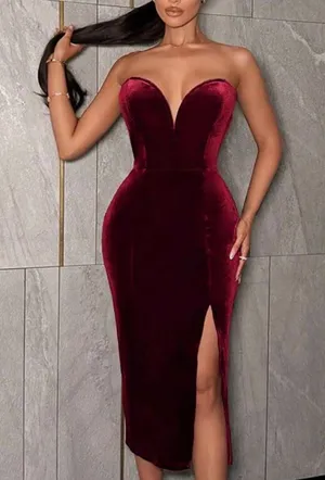 SHEIN Burgundy Strapless Velvet Sweetheart Midi Dress‎ thumbnail 1