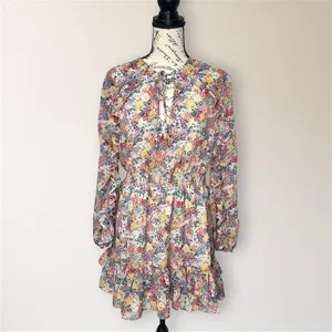 Zara Pink Blue Floral Ruffle Mini Dress Long Sleeve Smocked Tiered‎ Boho Travel thumbnail 2