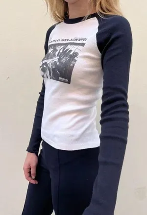 Brandy Melville Radio Silence Long sleeve Black and White shirt thumbnail 1