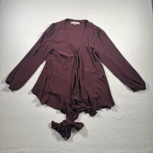 LOFT Womens Medium Burgundy Blouse Tie Front Long Sleeve Peplum Top thumbnail 1