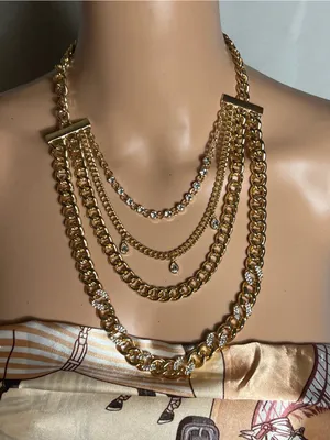 Source Unknown Gold Tone Layered Chain Statement Necklace Rhinestone Teardrop Bib thumbnail 2