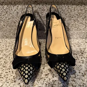 Christian Louboutin Suspenodo Glitter Flocked Patent PVC Sling 85 Pumps, size 38 thumbnail 1