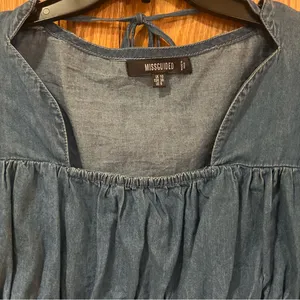 Missguided Tie Front Square Neck Volume Sleeve Denim Crop Top‎ Deep Blue Size 6 thumbnail 6