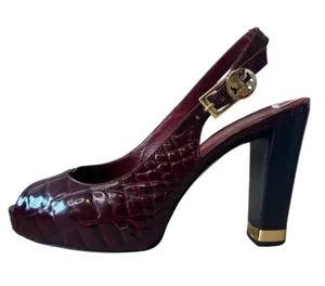Tory Burch Allison Croc Patent Slingback Peep Toe‎ Block Heels 8 Bordeaux thumbnail 1