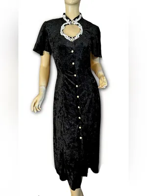 Vintage 1990'S All That Jazz Black Velvet & White Embroidered Collar Dress (6/8) thumbnail 2
