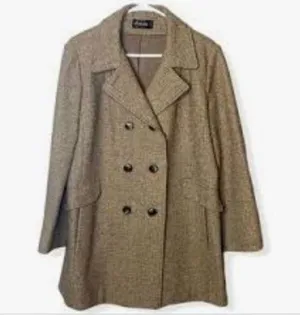 Vintage Arlette Tweed Camel Herringbone Menswear Style Pea Coat. thumbnail 1